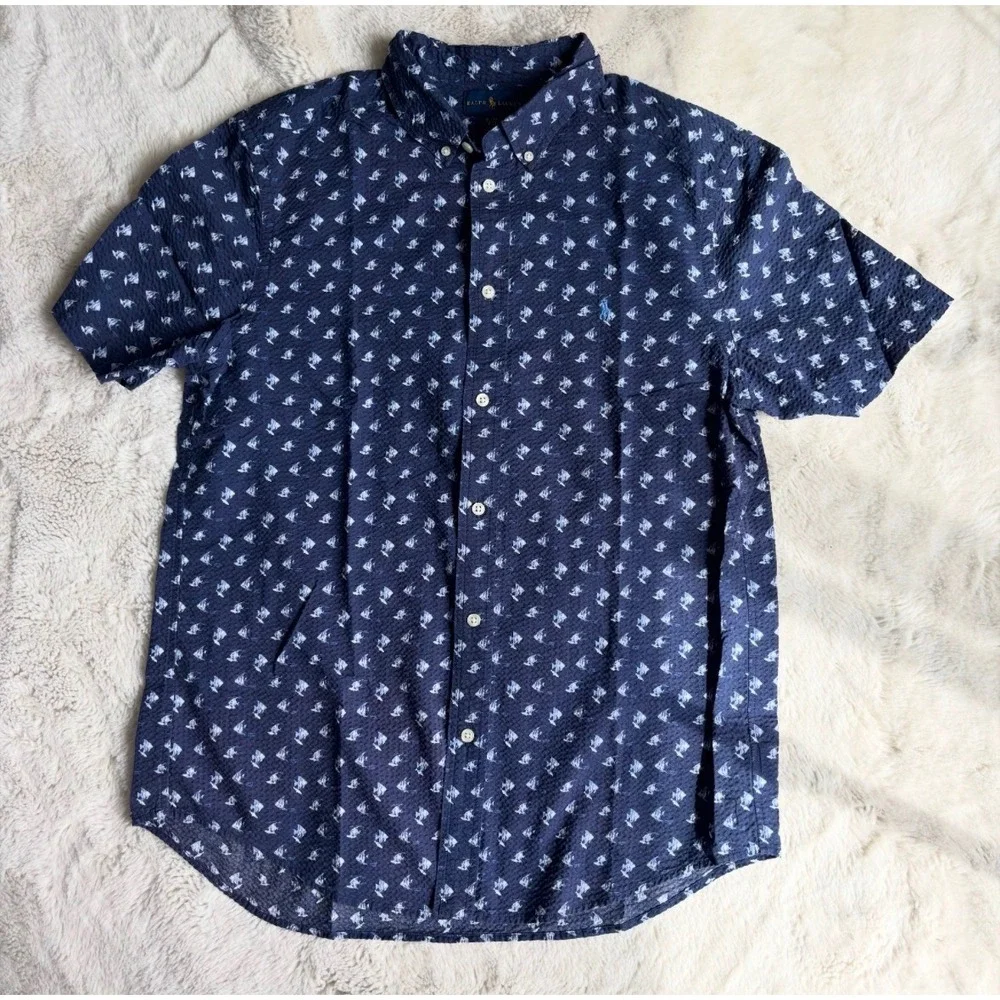 Ralph Lauren Button Down Kids XL 18-20 Navy Seersucker Fish Print Shirt